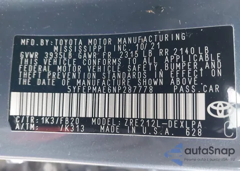 2022 Toyota Corolla Le from USA, damaged, VIN 5YFEPMAE6NP287778